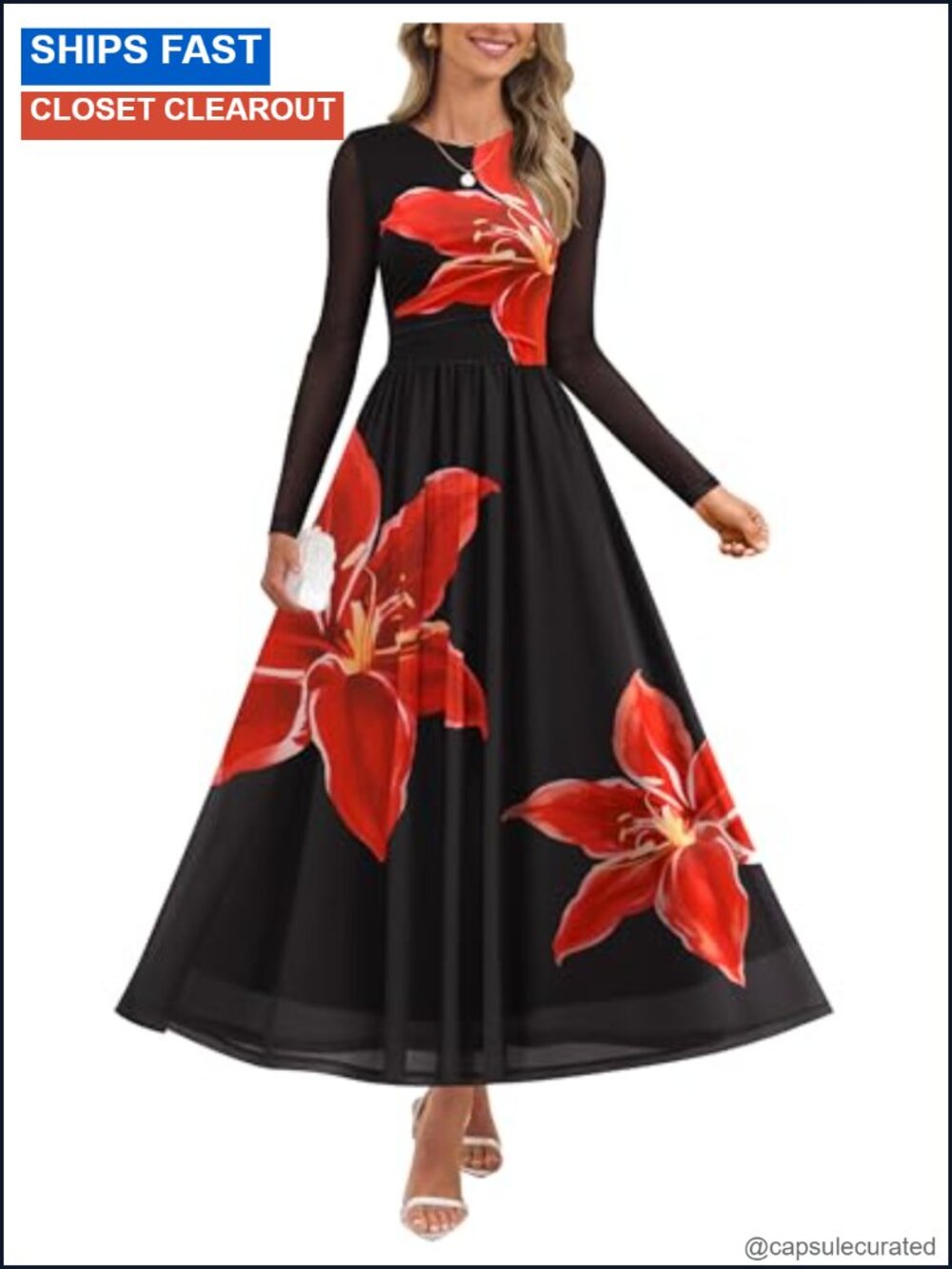 Long Sleeve Floral Maxi Wedding Guest Dress Flowy